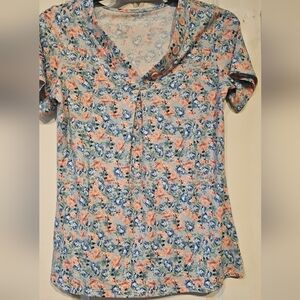 Floral V-Neck Short Sleeve Top - Pink & Blue